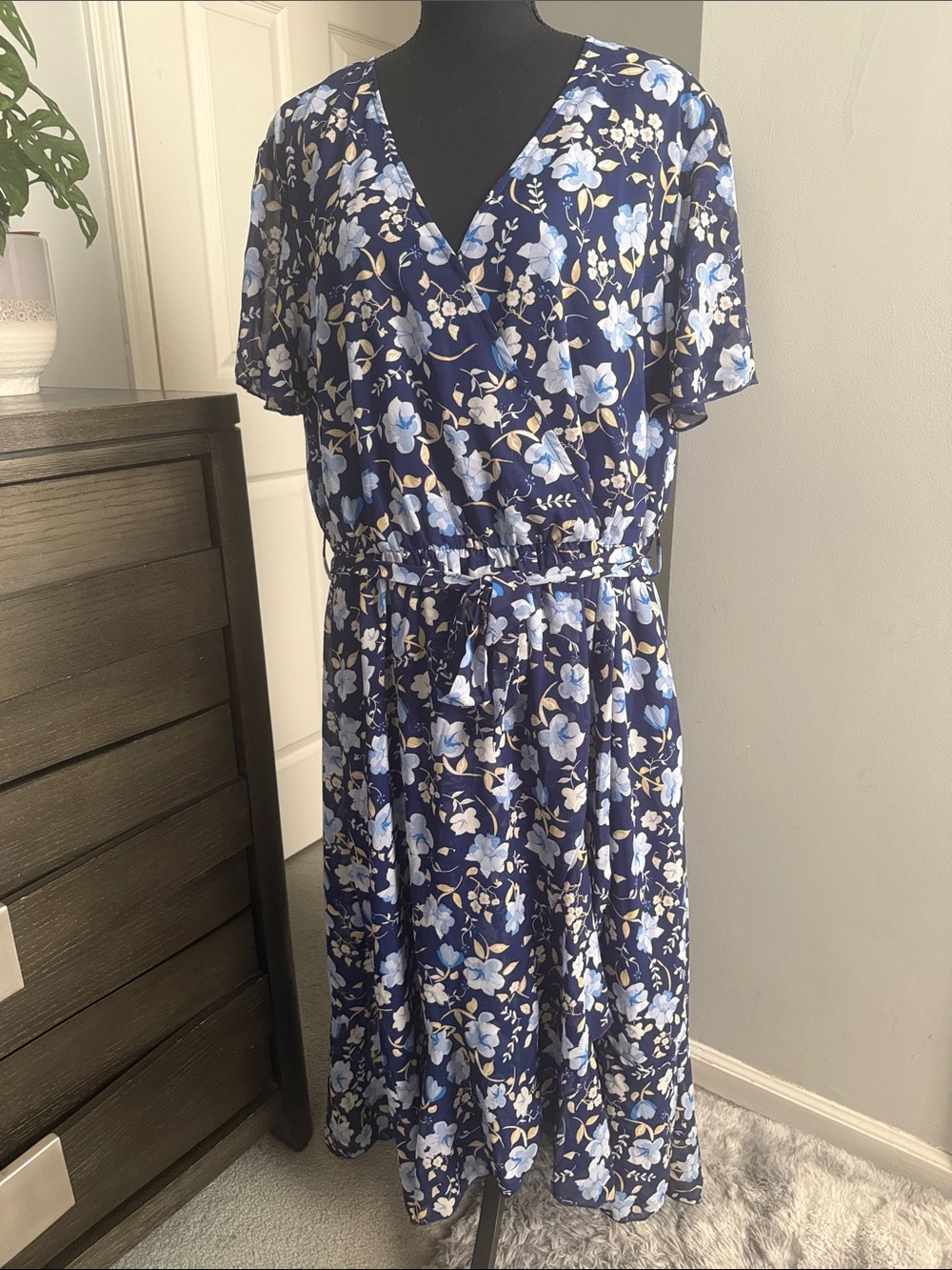 Navy Floral Wrap Midi Dress with Waist Tie